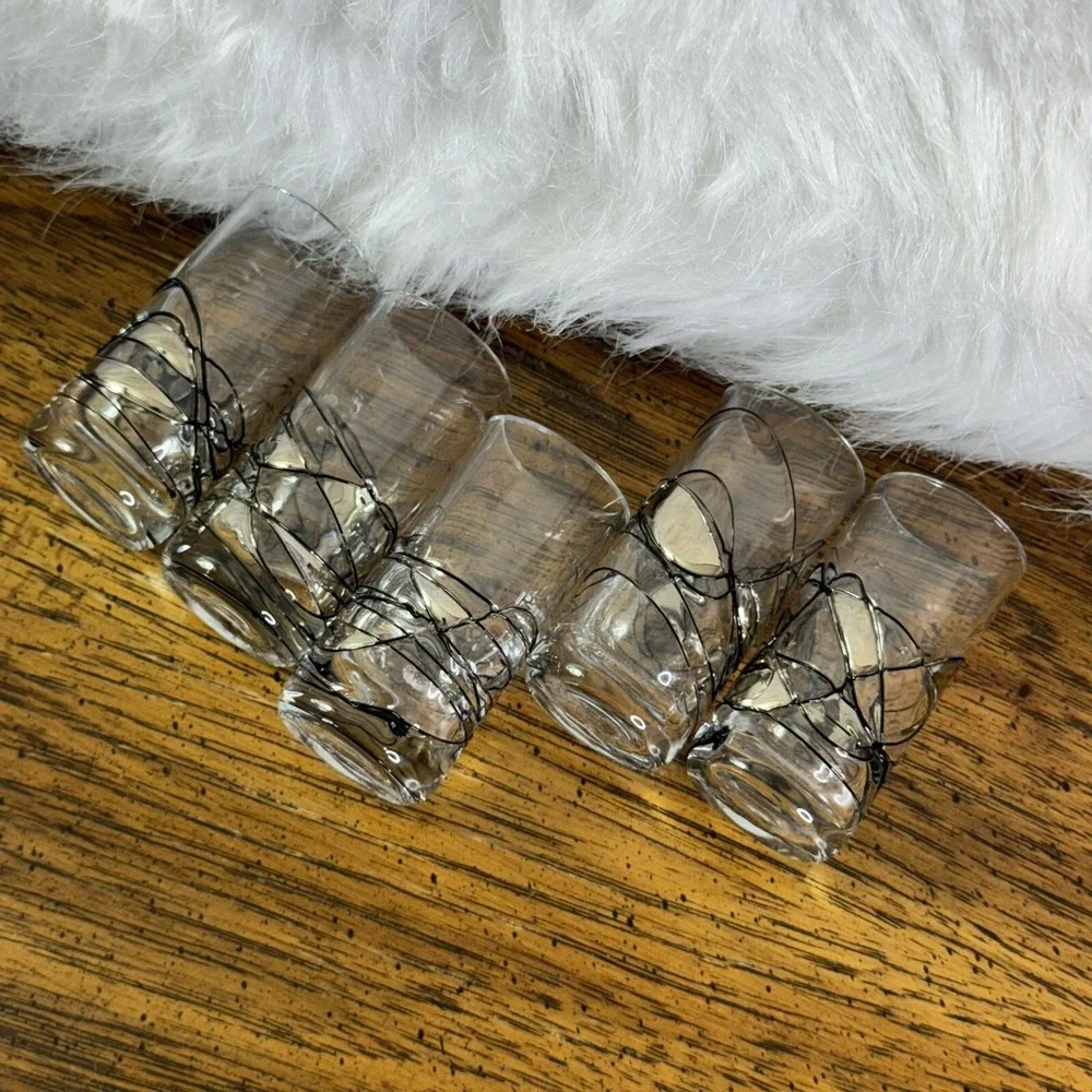 (5) Glass Vintage Shot Glasses‎ Barware Mosaic Silver Crackle